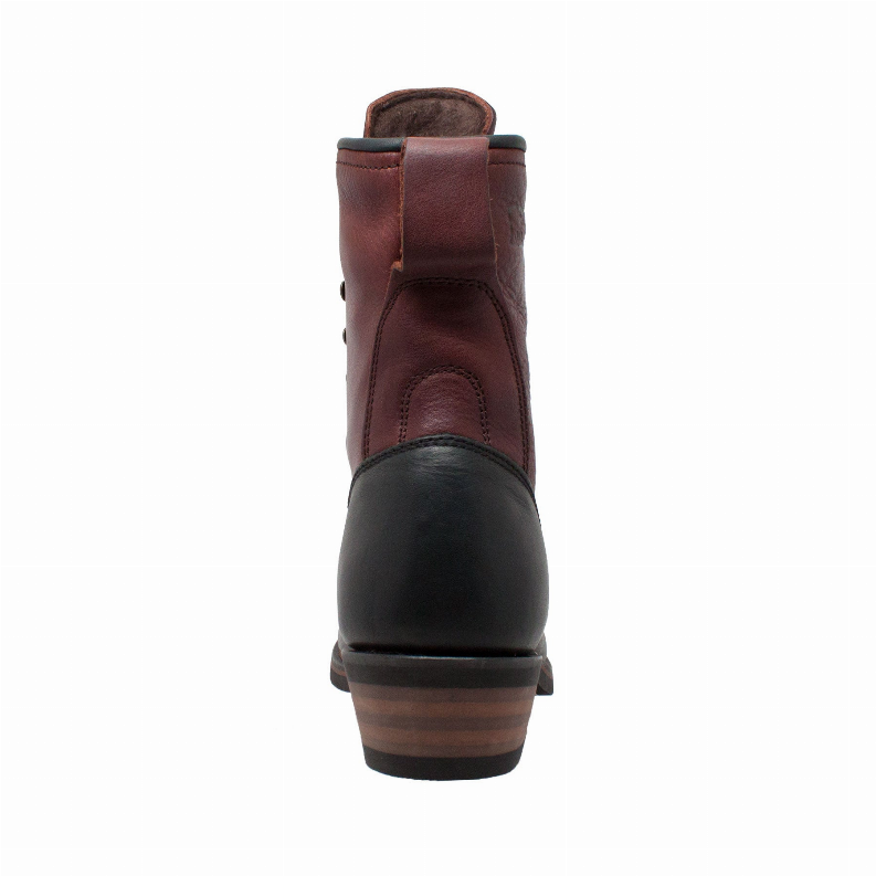 Men's 9-inch packer boots, burgundy leather heel with black sole and stacked heel detail