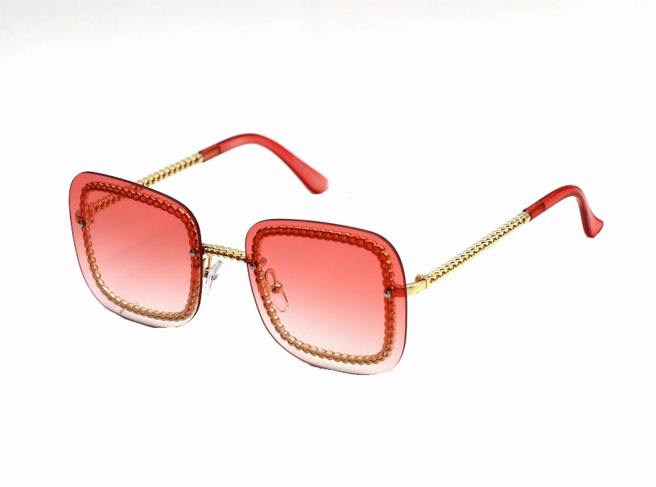 Red square sunglasses with pink gradient lenses and gold-tone chain temples