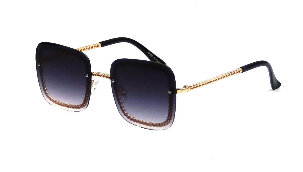 Black square sunglasses with dark gradient lenses and gold-tone chain temples