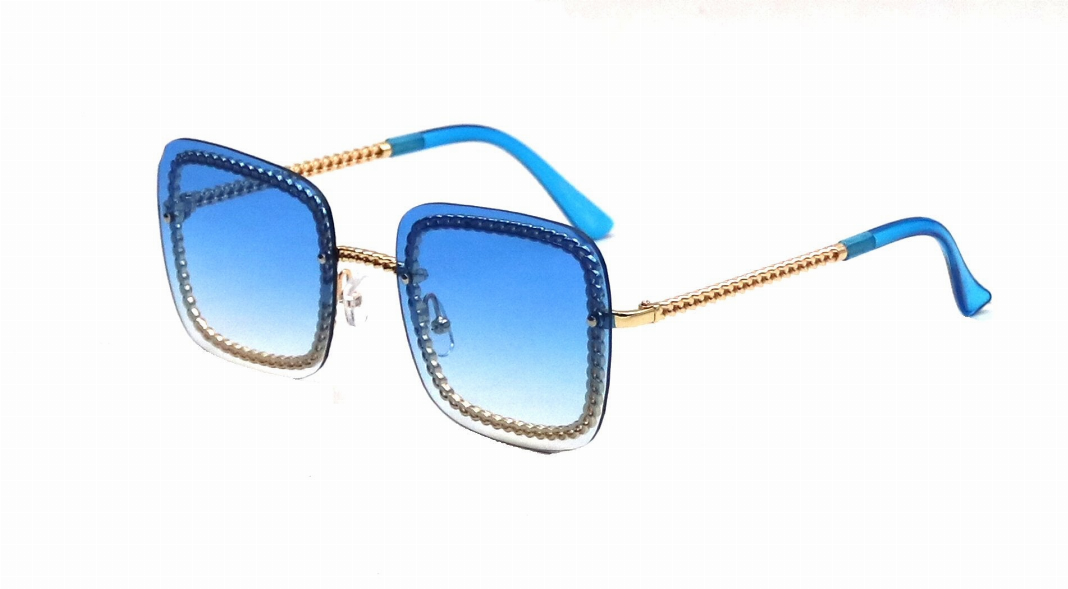 Blue square sunglasses with blue gradient lenses and gold-tone chain temples