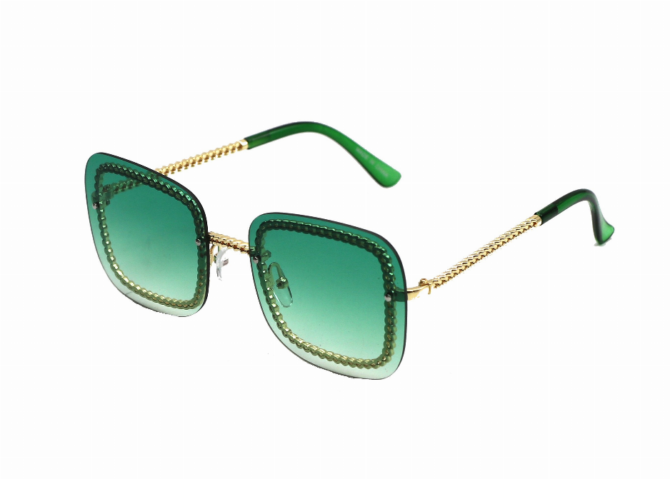 Green square sunglasses with green gradient lenses and gold-tone chain temples