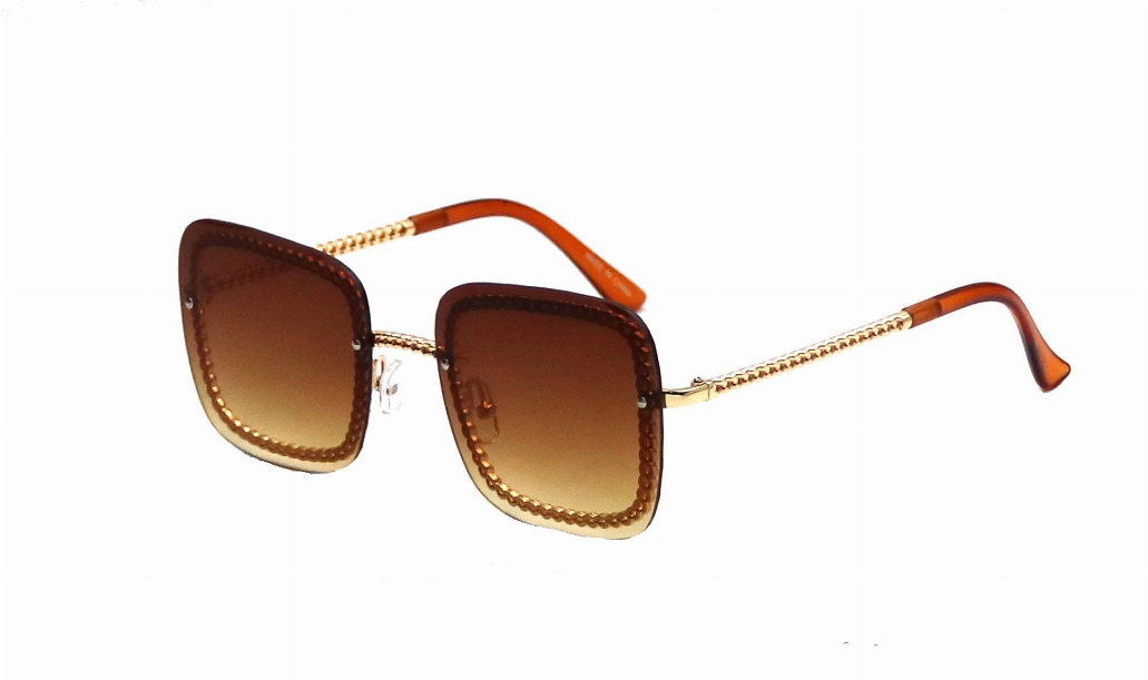 Brown square sunglasses with dark gradient lenses and gold-tone chain temples