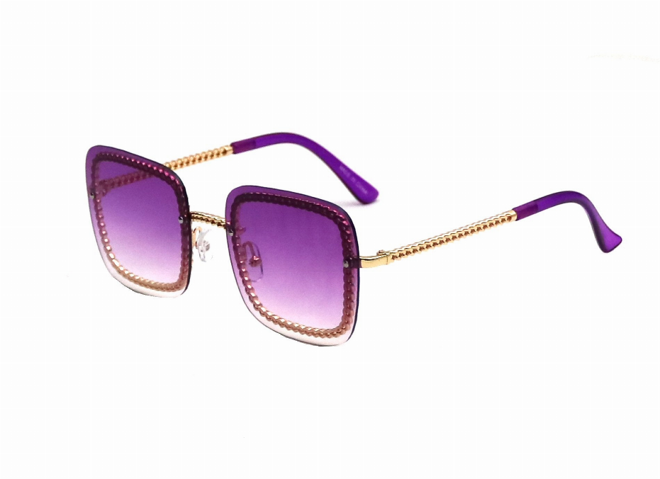 Purple square sunglasses with violet gradient lenses and gold-tone chain temples