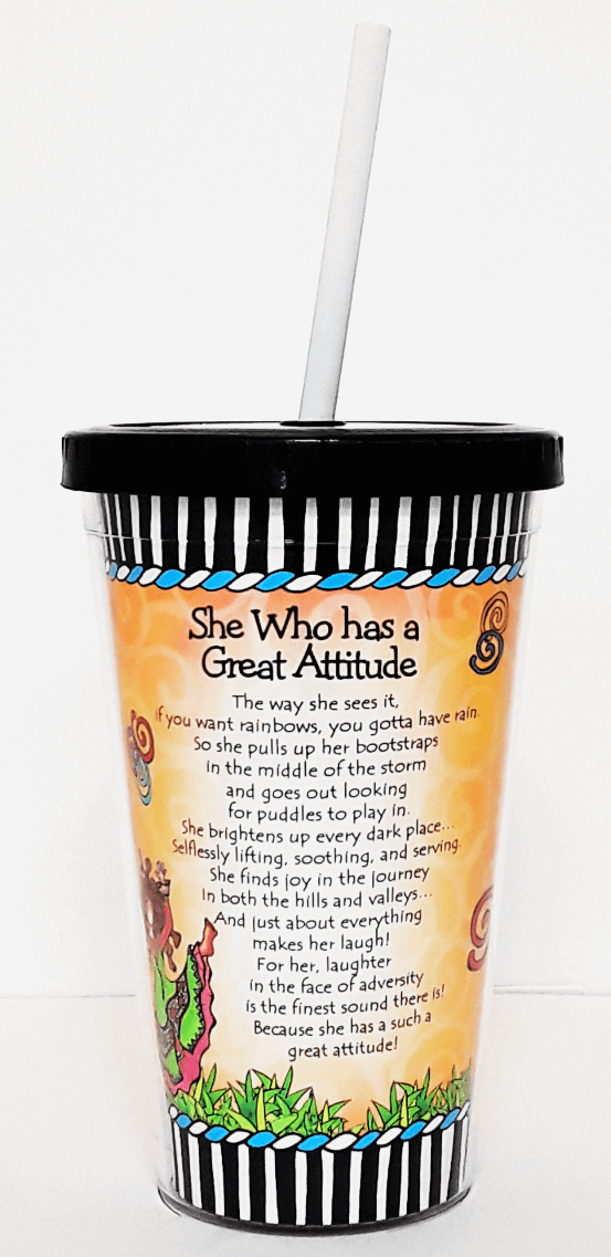 Decorated plastic tumbler cup with black lid and straw, colorful quote and illustration