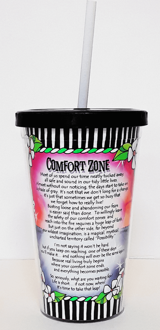 Printed travel cup back with comfort-zone quote and floral border, black lid