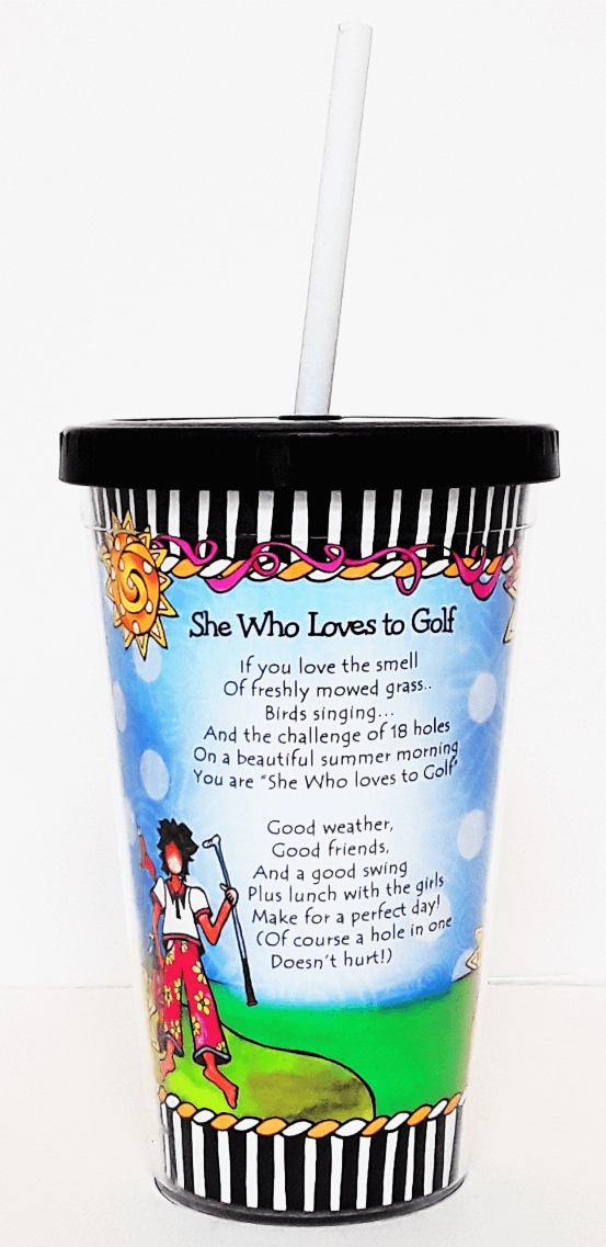 Golf themed plastic tumbler cup with straw, black lid, colorful character graphic