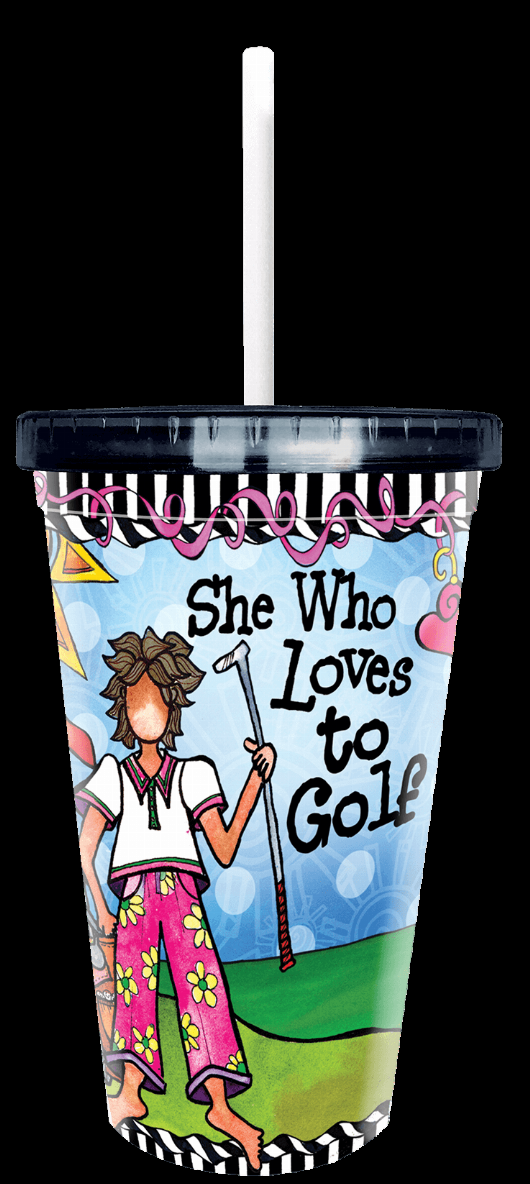 Golf tumbler cup with straw, black lid, She Who Loves to Golf character artwork