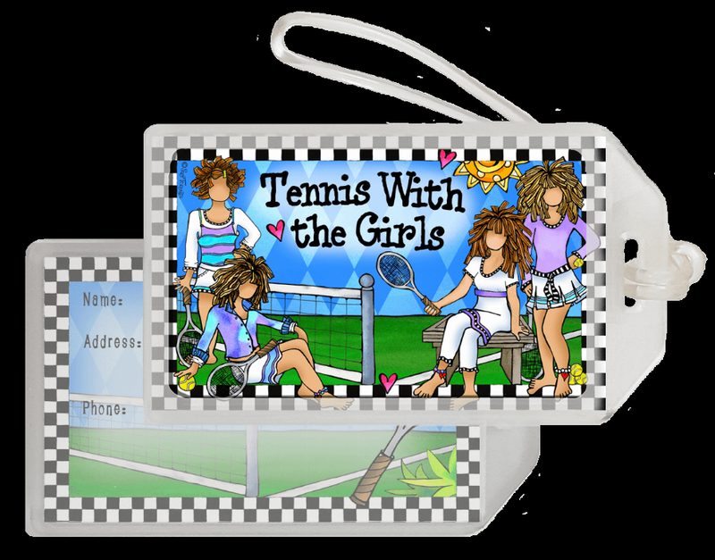 Tennis-themed bag tag with name/address blocks, strap hole, checkered border