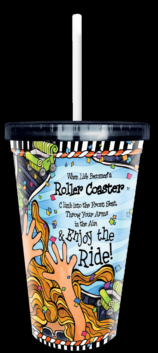 Roller coaster graphic COOL cup with black lid and white straw
