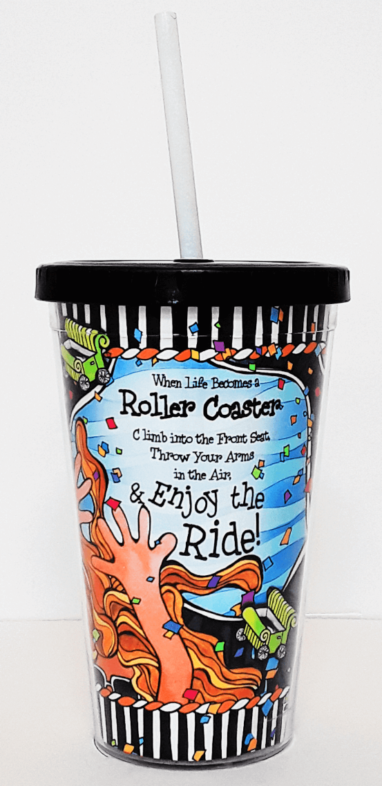 Roller coaster graphic cup with black lid, white straw, colorful illustration