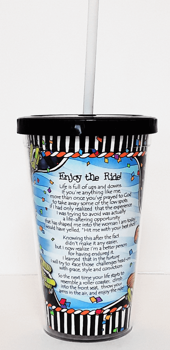 Tall roller coaster cup with black lid, white straw, 'Enjoy the Ride' text