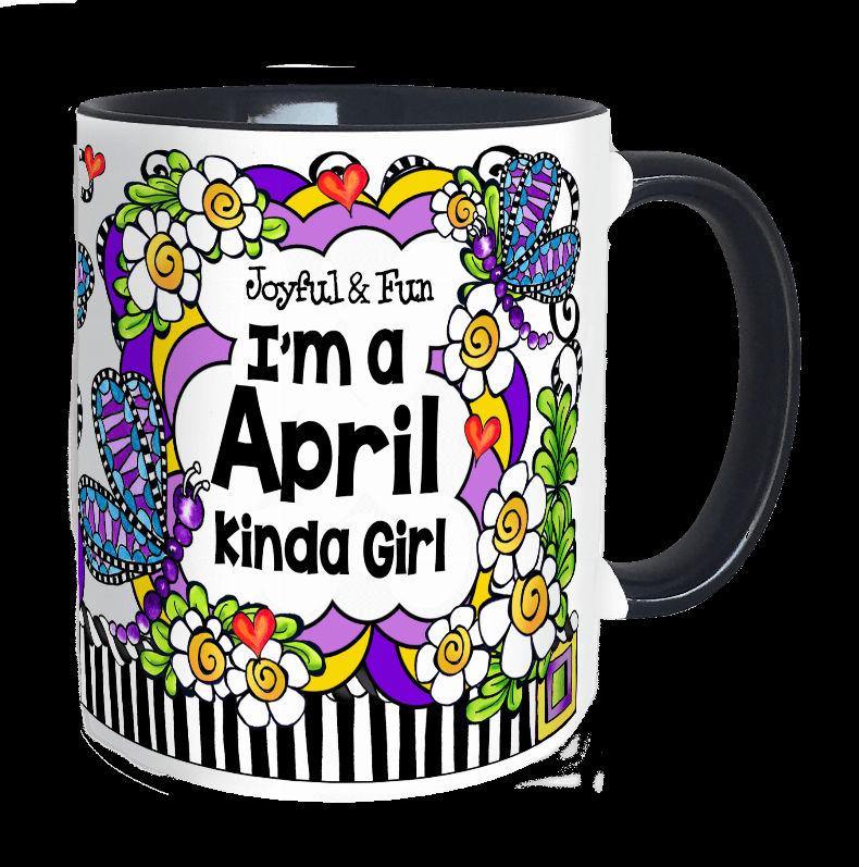 Front-view April ceramic mug with colorful floral design and 'I'm a April Kinda Girl'