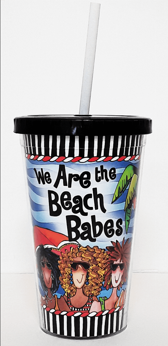 Wacky COOL cup with “We Are the Beach Babes” graphic, striped rim, clear straw