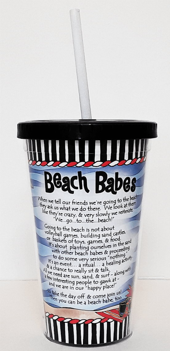 Wacky COOL cup with Beach Babes text panel, striped border, clear straw