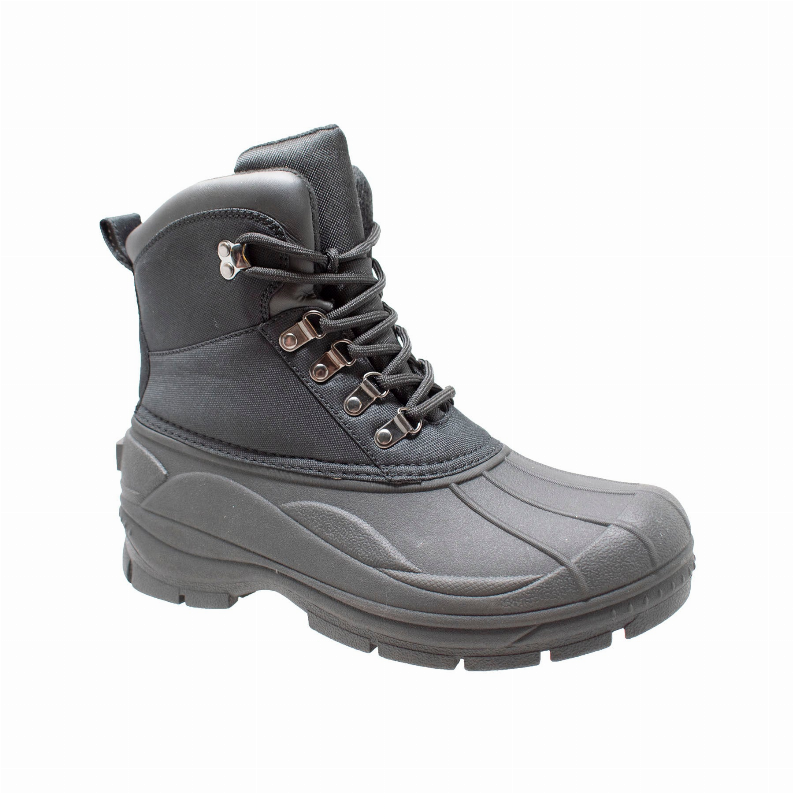 Angled dark winter lace-up boot with metal eyelets, padded ankle, and thick tread sole