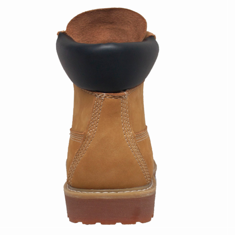 Tan work boot with black padded collar, lace eyelets, and stitched panels