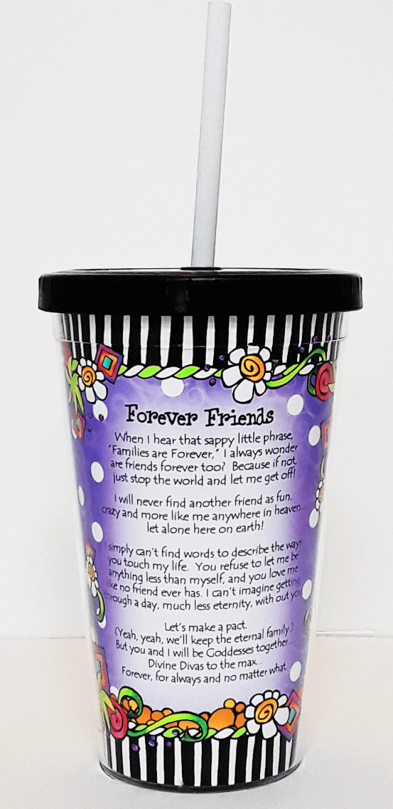 Wacky COOL cup with purple Forever Friends graphic, black lid and white straw