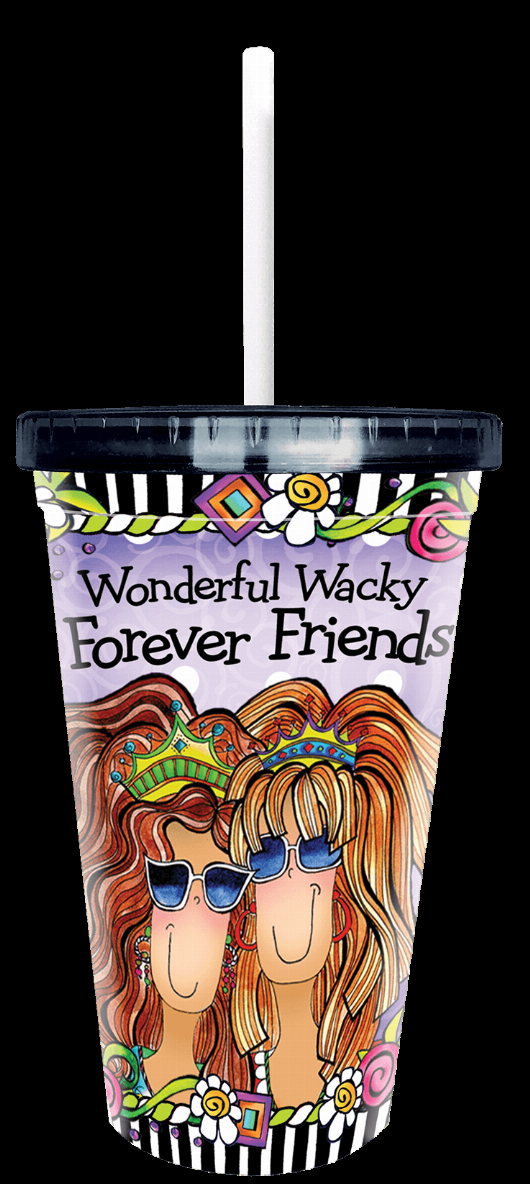 Wacky COOL cup showing two cartoon friends on purple background, black lid, white straw