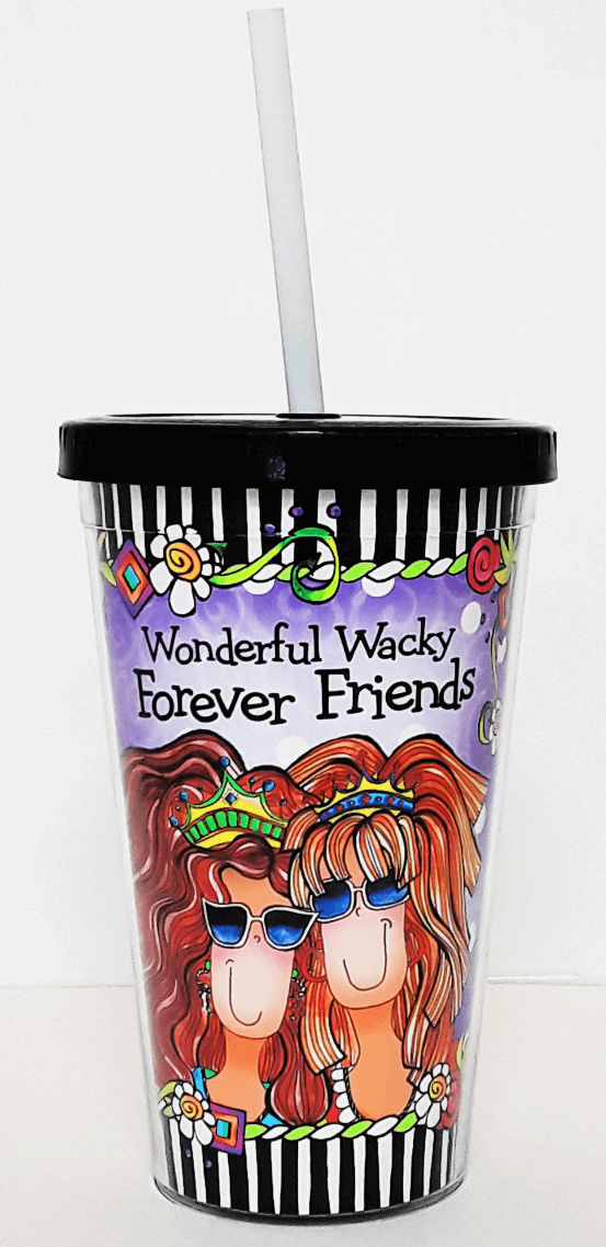 Wacky COOL cup with Wonder Wacky Forever Friends text and two-face illustration, black lid