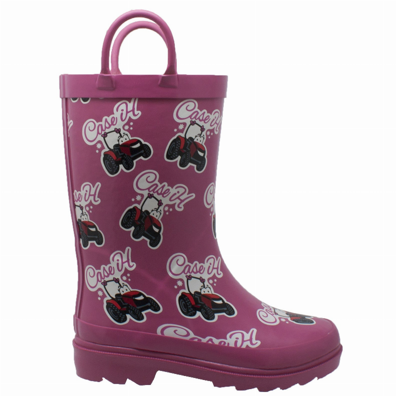 Dark pink toddler rubber boot with side tractor print and thick tread outsole