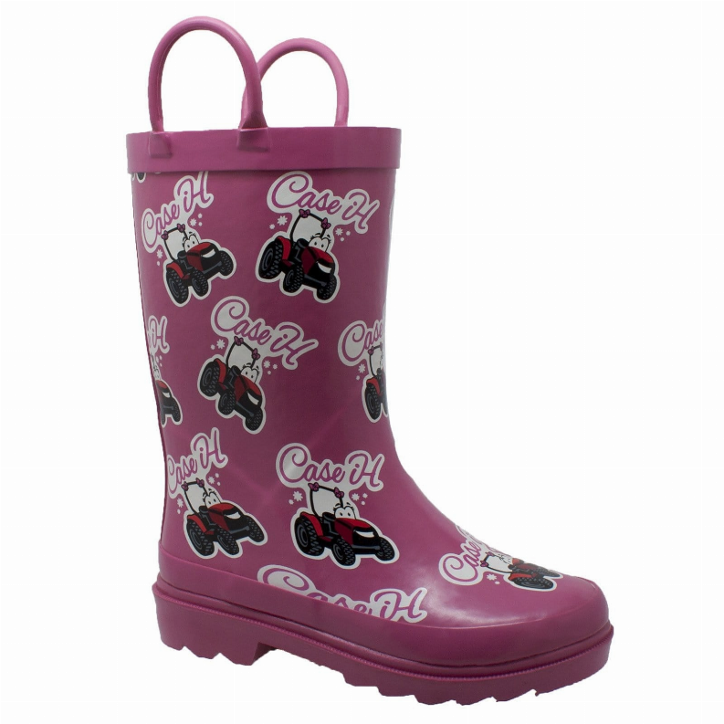 Magenta toddler rain boot with tractor print, wide outsole tread