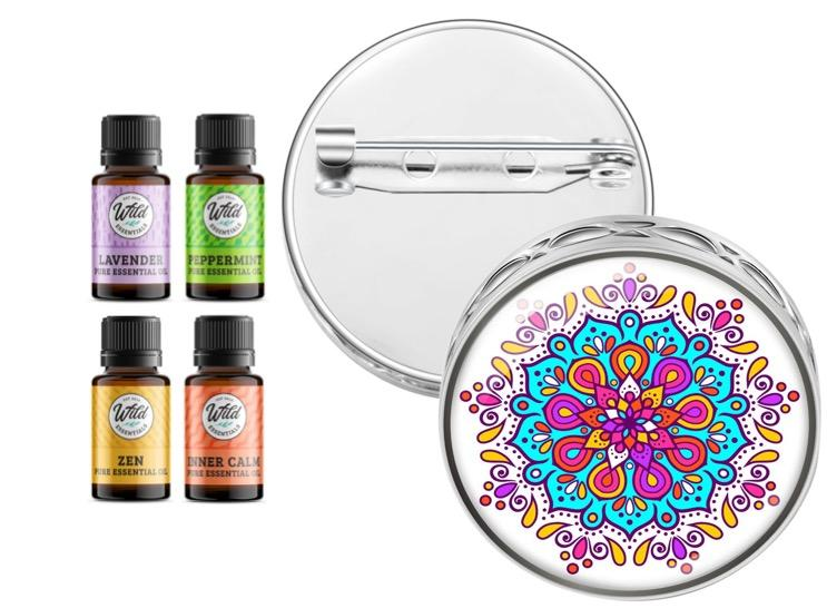 Circular pin brooch diffuser with colorful mandala, silver-tone back and attached pin