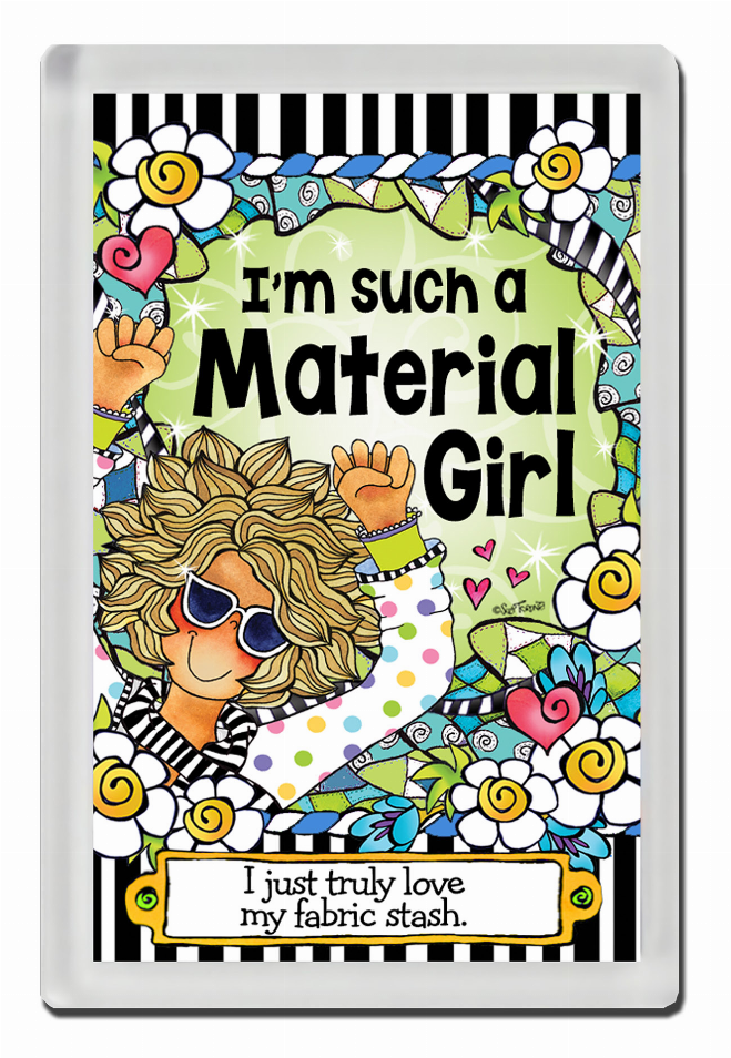 Quilt collection magnet with colorful cartoon girl illustration and bold text design