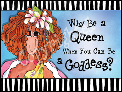 Queen-themed note card set with cartoon woman, orange curly hair, quote text, striped border