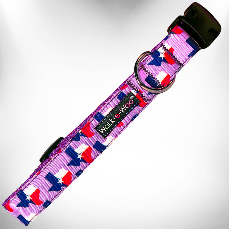 Dog collar with Texas-themed stars print on lavender fabric and black buckle hardware