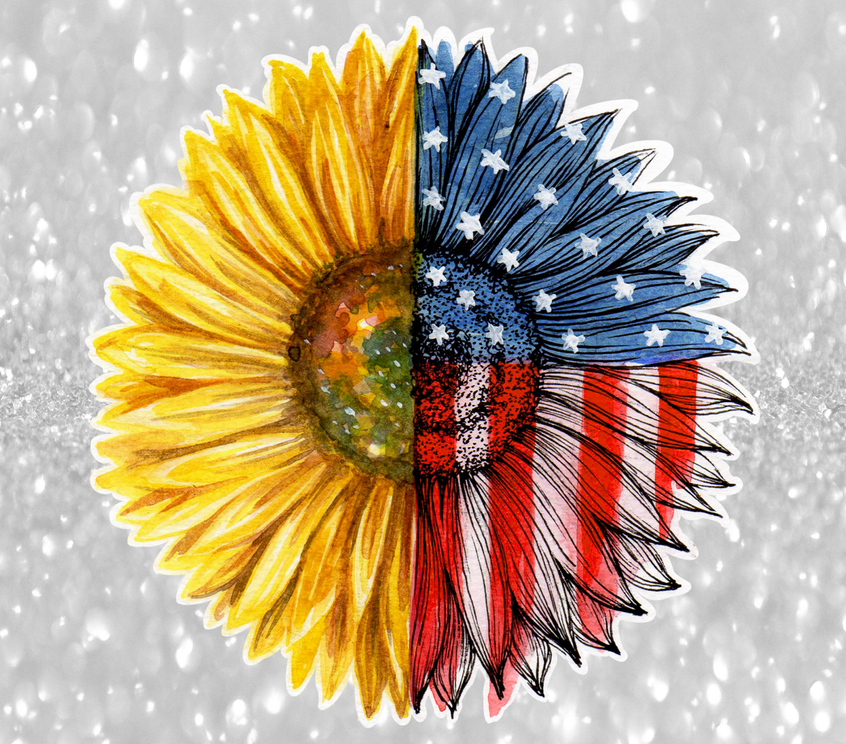 Stainless steel tumbler with bold sunflower, red-white-blue American flag design