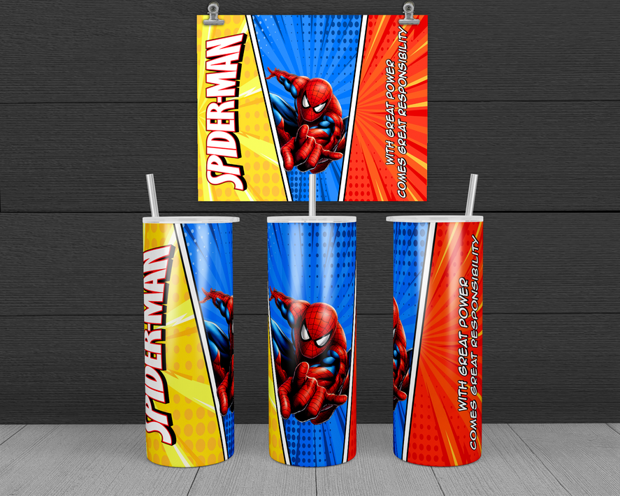 Stainless steel tumbler with Spider-themed comic print and clear straw lid