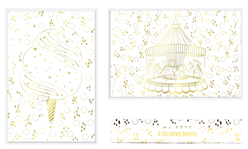 Coloring sheets pack with rocket and carousel illustrations, 4-page set
