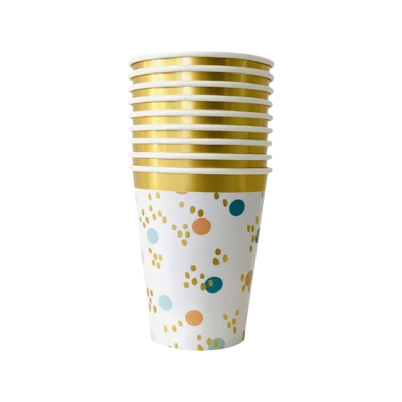 Fun fair paper cups with gold metallic top and multicolor dot and paw-print design