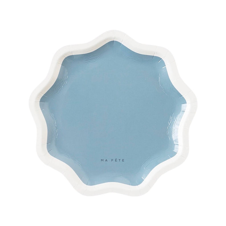 Scalloped light blue serving plate with white rim