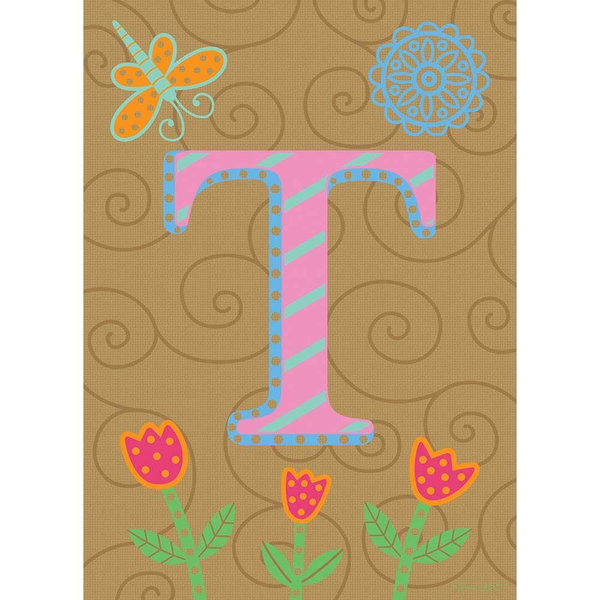 Garden monogram flag with letter T, blue outline, pink center, flower accents