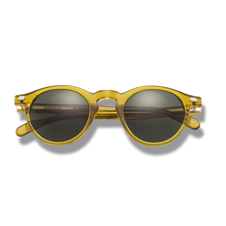 Round gold sunglasses with dark tinted lenses and slim metal arms