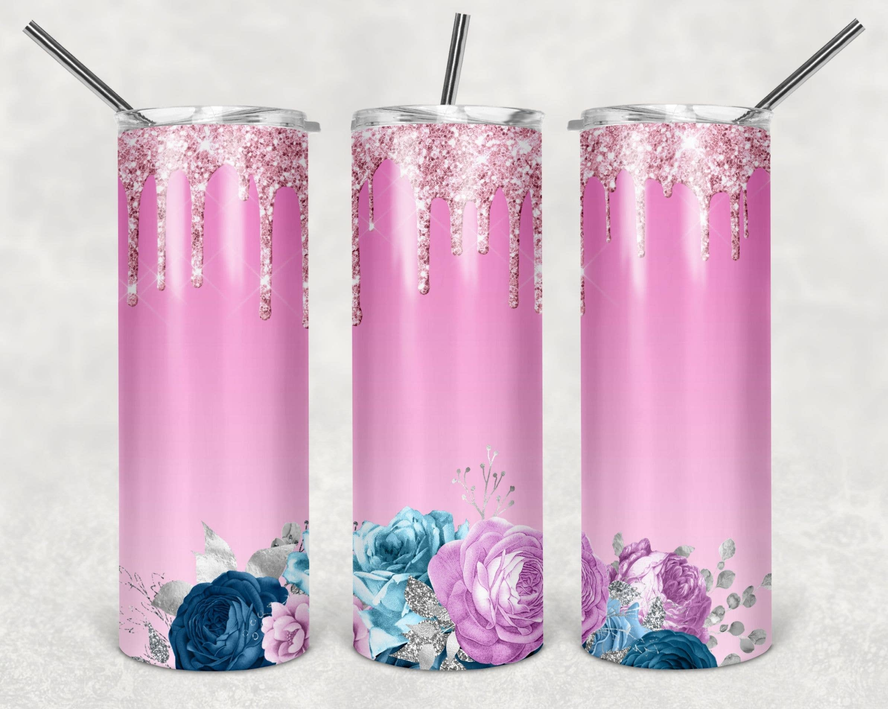 Pink stainless steel tumbler with glitter rim, floral print, and two straight straws