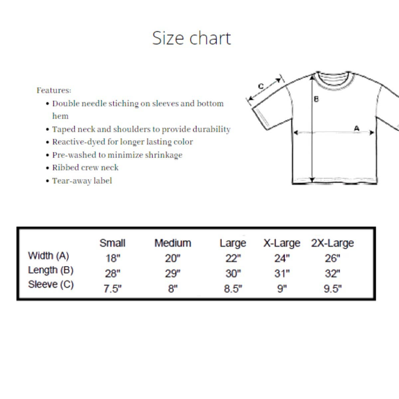T-shirt size chart with width, length, and sleeve measurements (S–2X-Large)