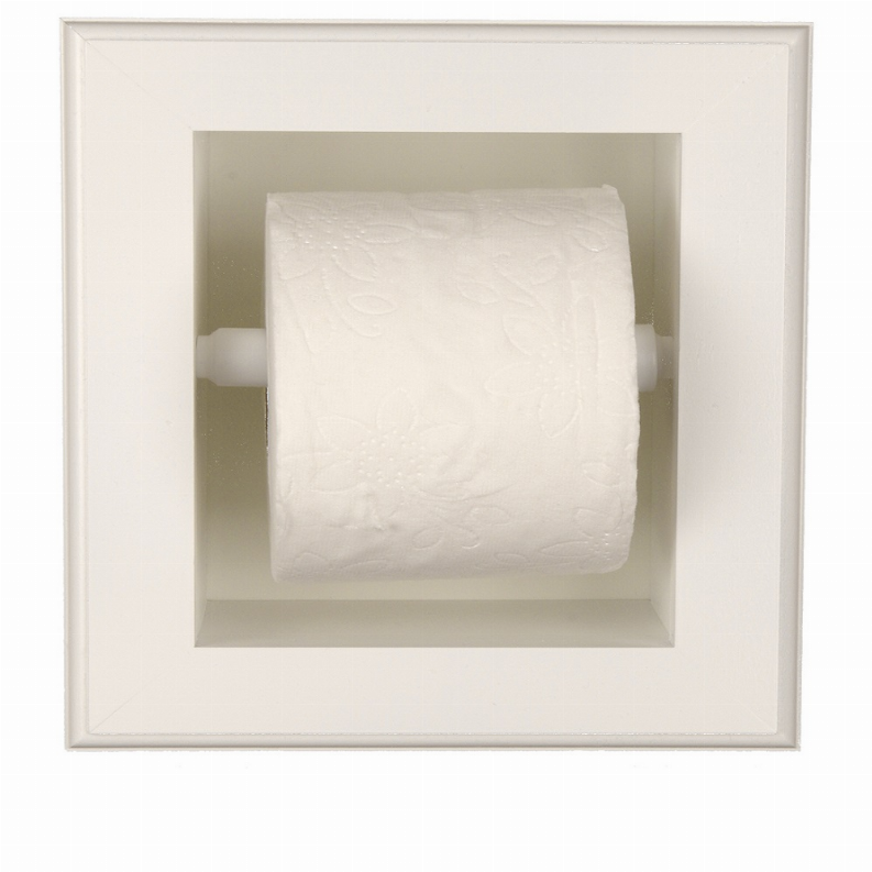 Recessed solid wood toilet paper holder with white face and full toilet paper roll display