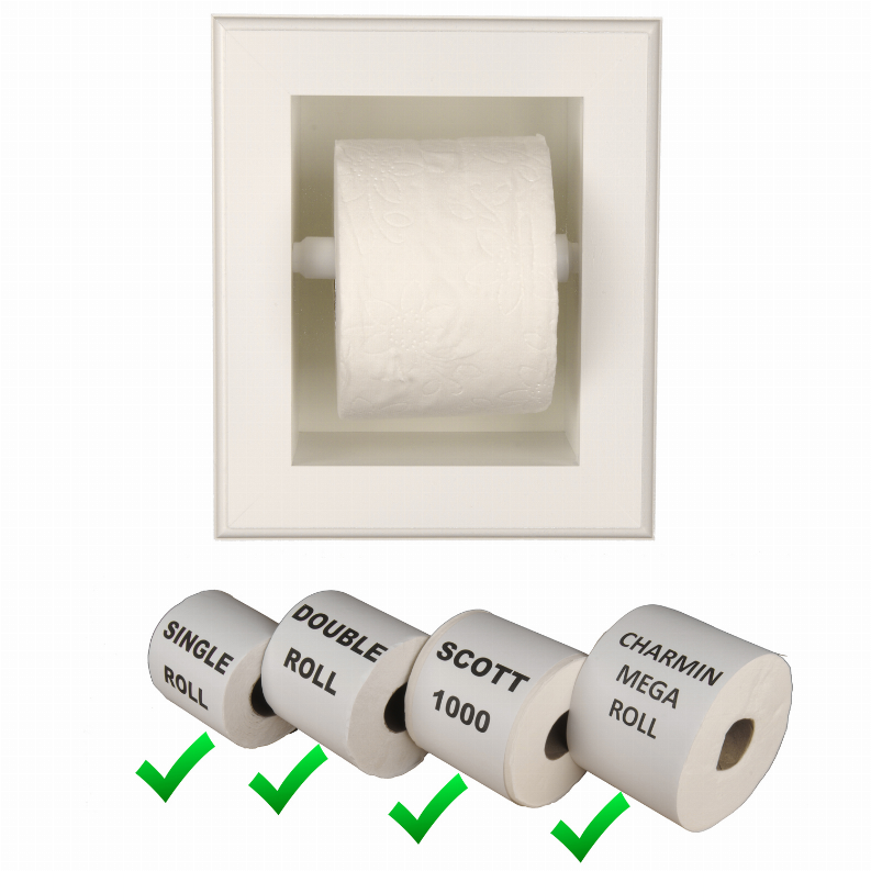 Recessed solid wood toilet paper holder with white face and labeled toilet paper rolls