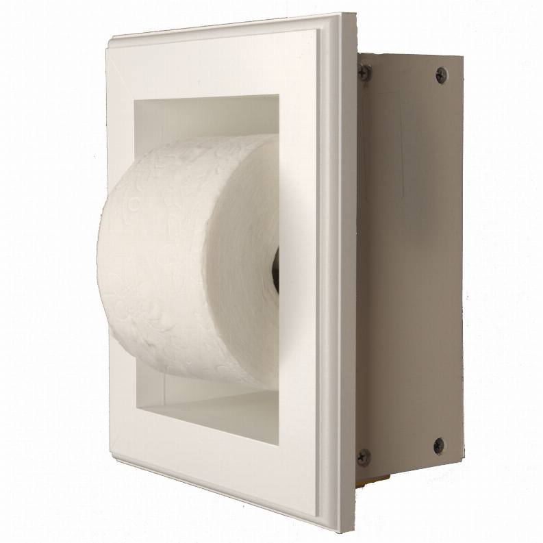 Recessed solid wood toilet paper holder with white frame and visible rolled paper