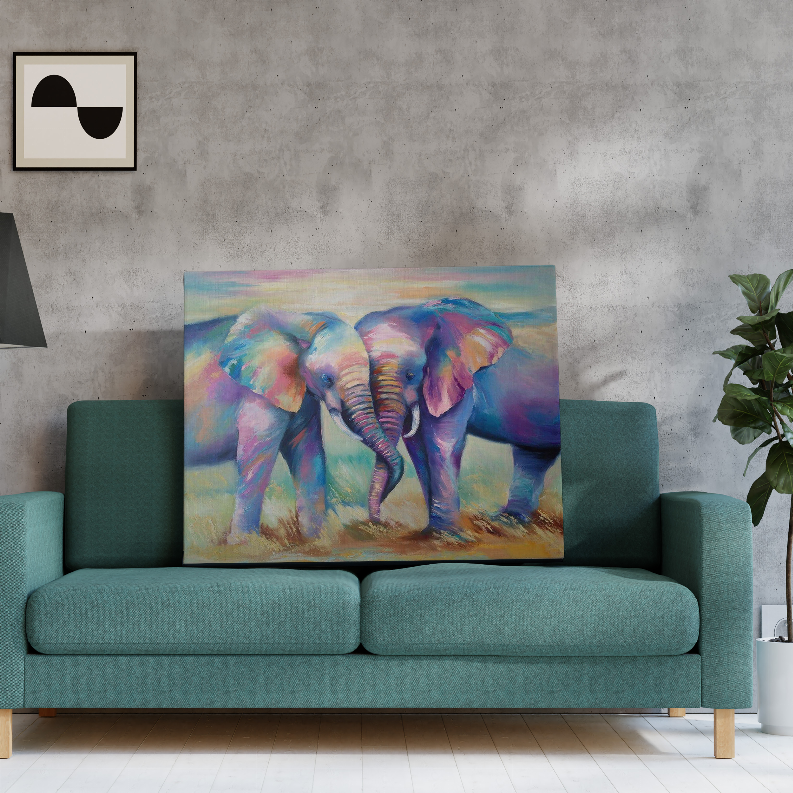 Neville art print with a colorful elephant scene, framed and centered on a wall