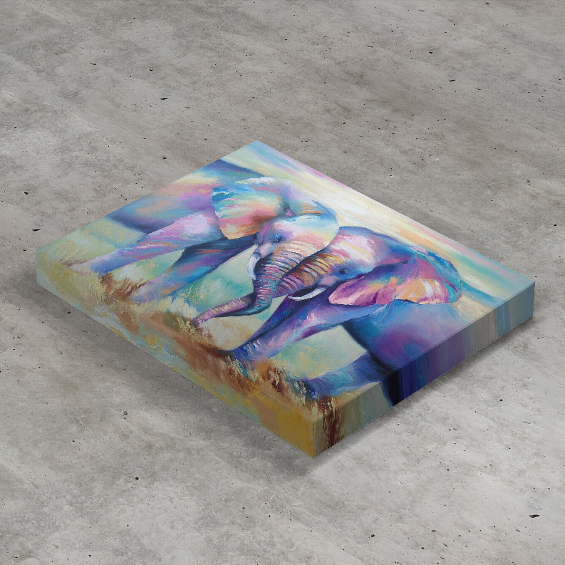 Neville art print close-up of a colorful elephant artwork on a square canvas