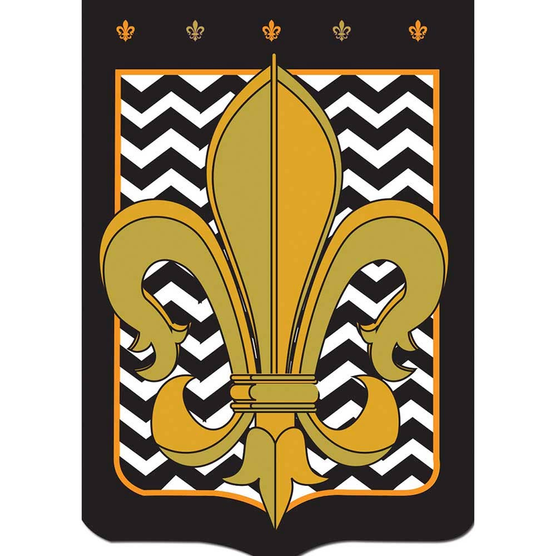 Chevron-themed graphic with gold fleur-de-lis motif on black and white chevron pattern