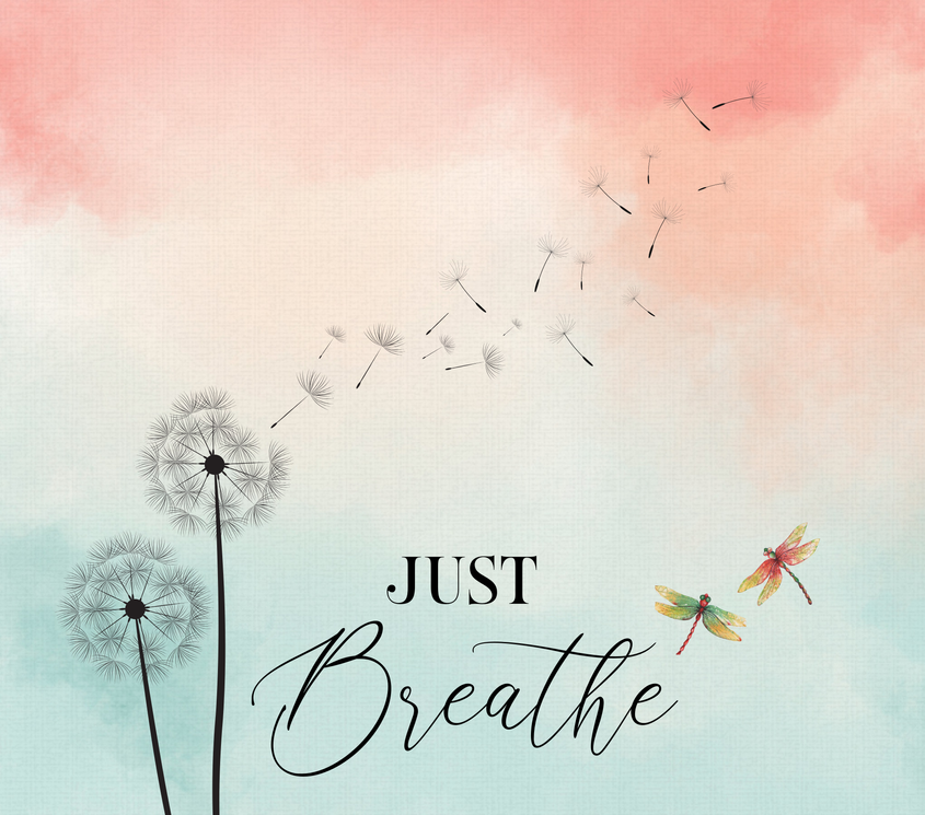 Inspirational wall art with “JUST Breathe” text and dandelion flower illustrations