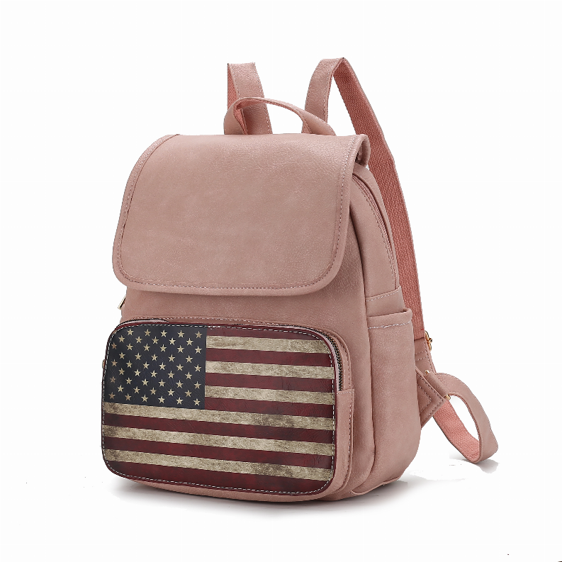 Vegan leather women's backpack with flap, American flag front pocket, mauve pink, side strap.