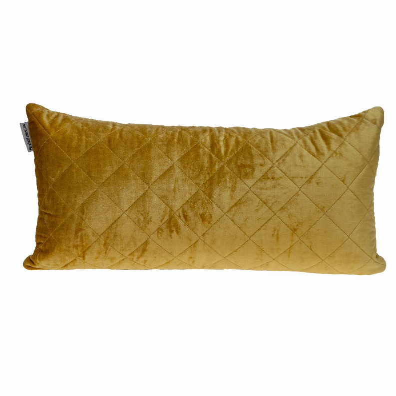 Gold rectangular pillow with quilted diamond pattern and soft velour finish