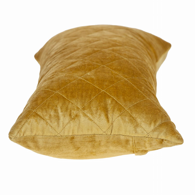 Gold quilted throw pillow in a rounded corner view, soft velour with diamond seams