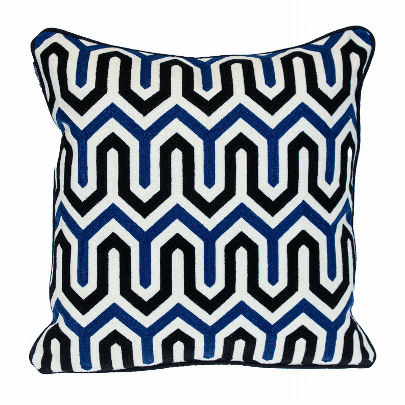 Square throw pillow with blue, white, and black chevron zigzag pattern