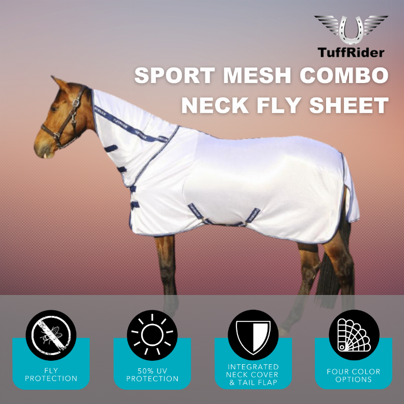 White combo-neck fly sheet with mesh panel and blue straps